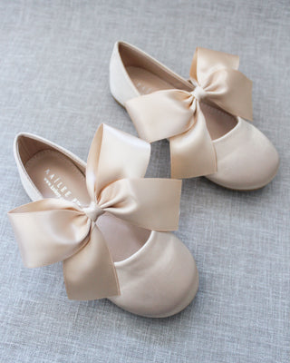 Champagne Mary Jane Girls Flats with Bow