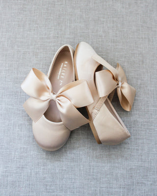 Champagne Mary Jane Girls Flats with Bow