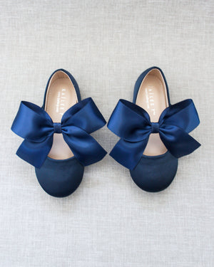 Navy Satin Mary Jane Flats with Satin Bow, Birthday Girl Shoes