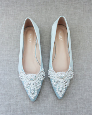 Light Blue Satin Pearl Women Flats