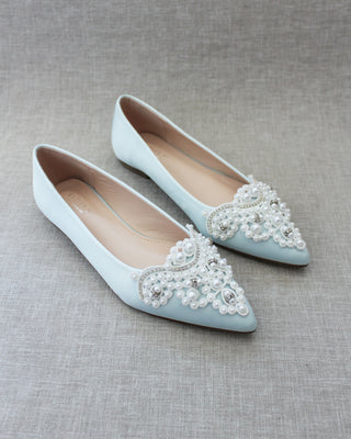 Light Blue Satin Pearl Women Flats