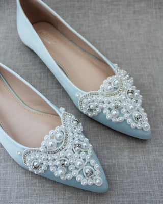 Light Blue Satin Pearl Women Flats