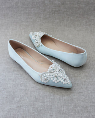 Light Blue Satin Pearl Women Flats
