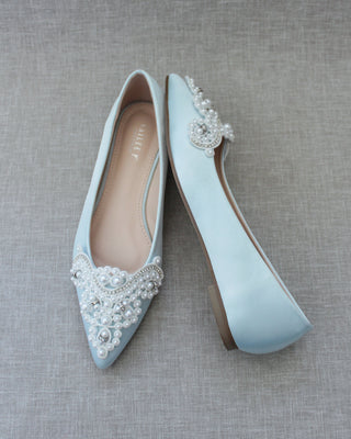 Light Blue Satin Pearl Women Flats