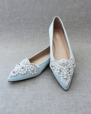 Light Blue Satin Pearl Women Flats