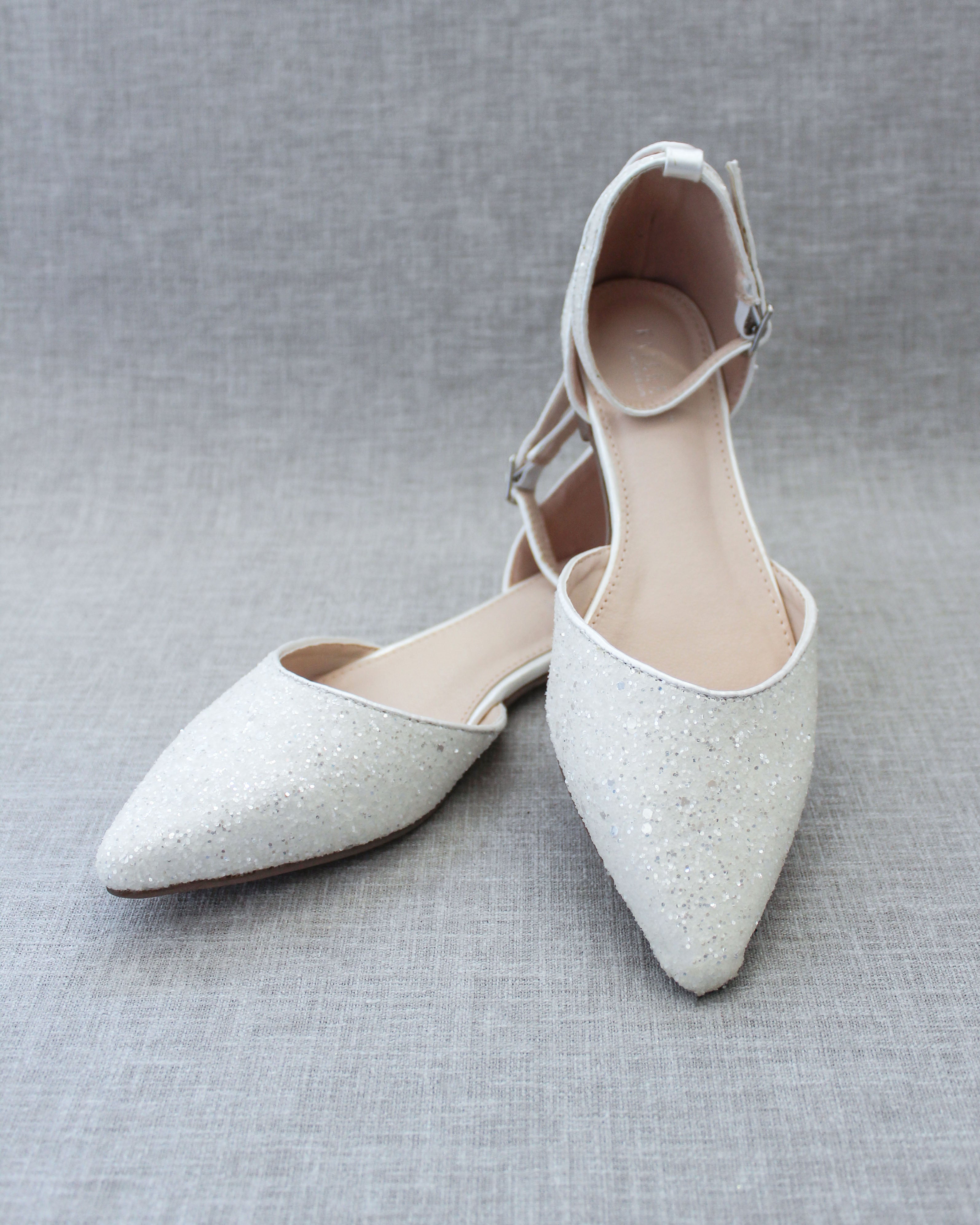 White Rock Glitter Ankle Strap Flats Women Shoes Bridal shoes