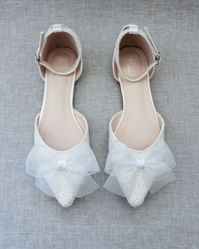 White Glitter Women Flats with Chiffon Bow
