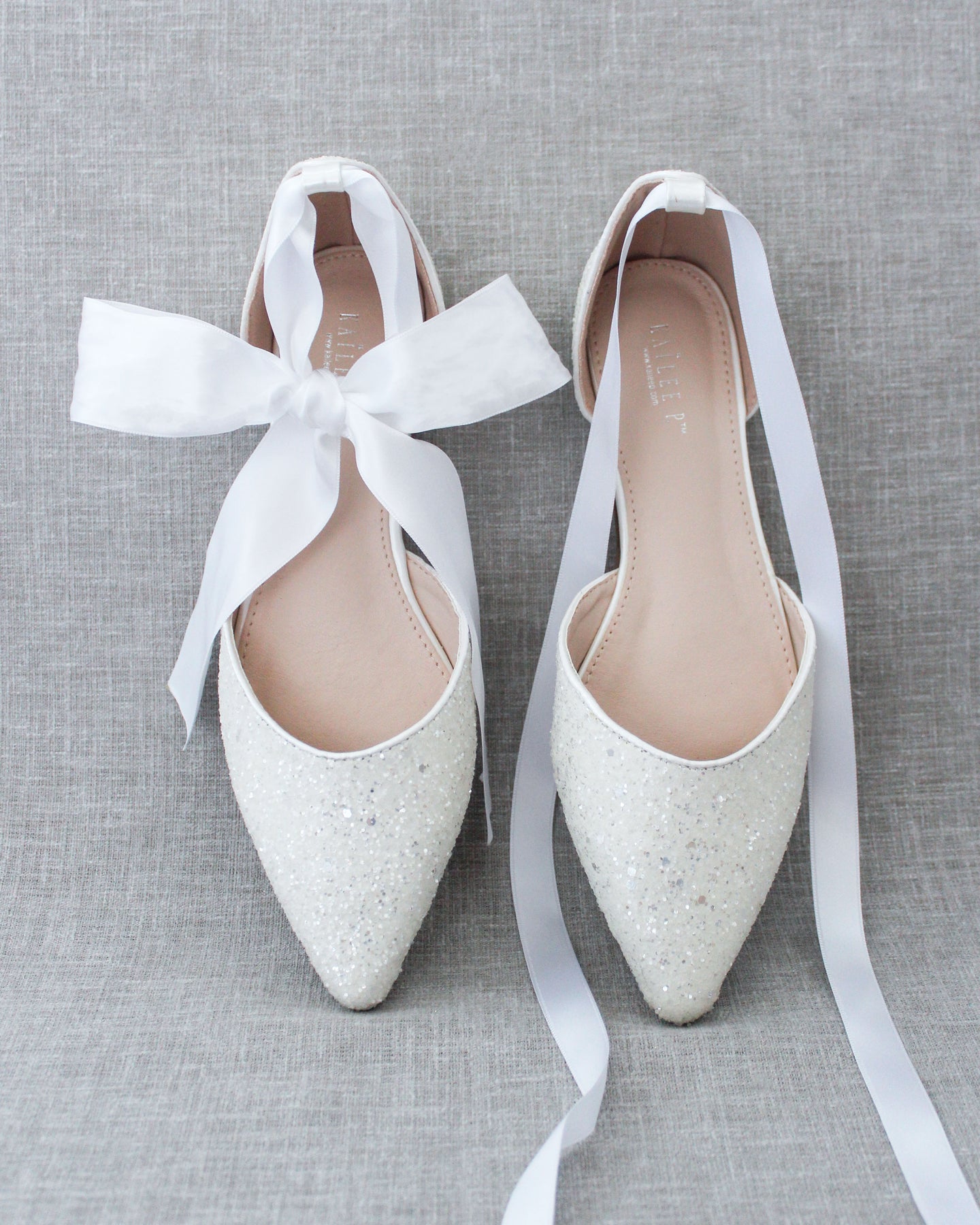 White Rock Glitter Pointy Toe Wedding Flat with Ballerina or Satin Tie ...