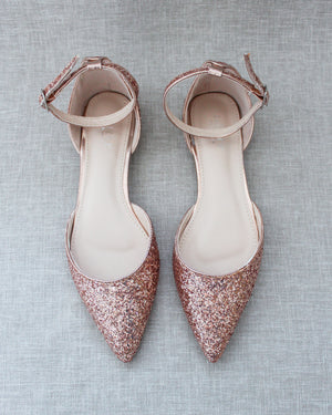 Rose Gold Rock Glitter Ankle Strap Flats, Women Shoes, Bridal shoes 8 Rose Gold Rock Glitter Ankle Strap Flats, Women Shoes, Bridal shoes 8