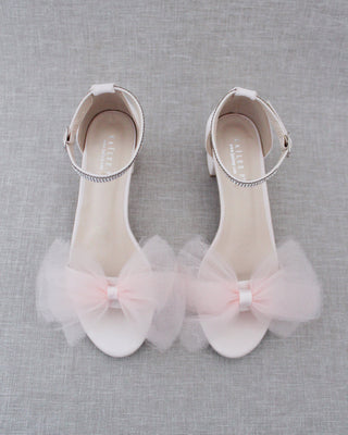 Satin Block Heel Sandal with Front Oversized Tulle Bow