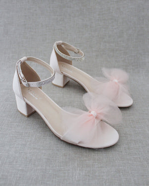 Satin Girls Block Heel Sandal with Front Oversized Tulle Bow