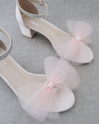 Satin Block Heel Sandal with Front Oversized Tulle Bow