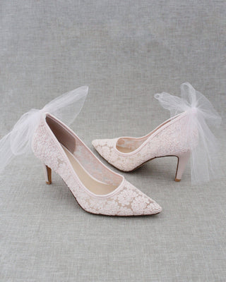 Pink lace women heels with tulle back bow