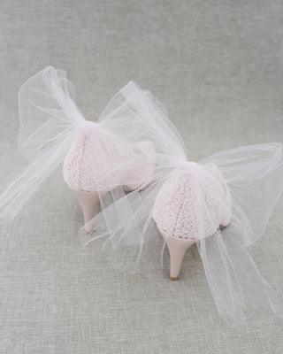 Pink lace women heels with tulle back bow