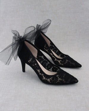Lace Evening Shoes with Tulle Back Bow