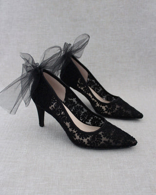 Black lace women heels with tulle back bow