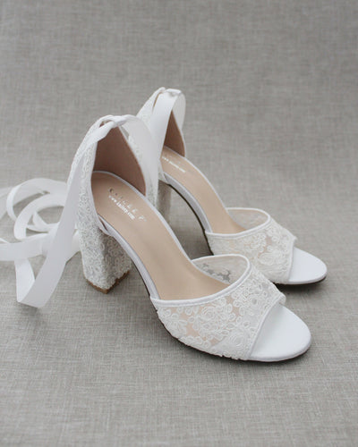 White lace block heel sandals with ballerina laces