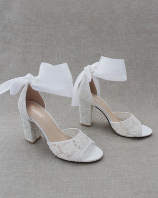 white wedding block heels