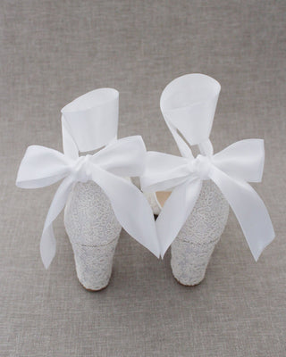 White lace block heel sandals with satin ankle tie