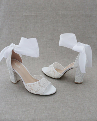 White lace block heel sandals with satin ankle tie