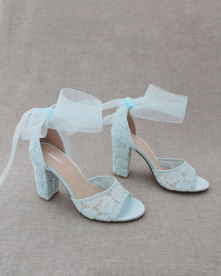 Crochet Lace Block Heel Sandals with Wrapped Ribbon TieWomen Shoes