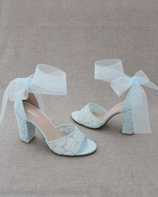 Crochet Lace Block Heel Sandals with Wrapped Ribbon TieWomen Shoes