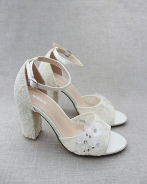 Crochet Lace Block Heel Sandals with White Flowers