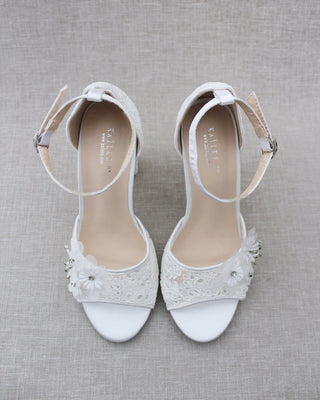 white wedding block heels