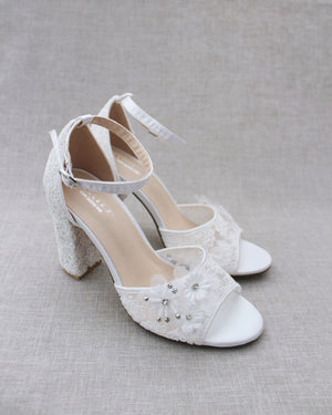 Crochet Lace Block Heel Sandals with White Flowers
