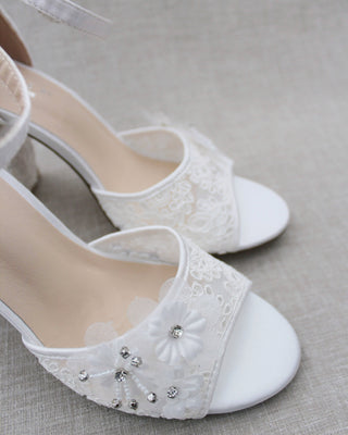 white wedding block heels