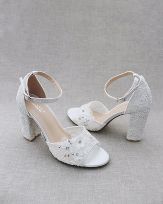 white wedding block heels