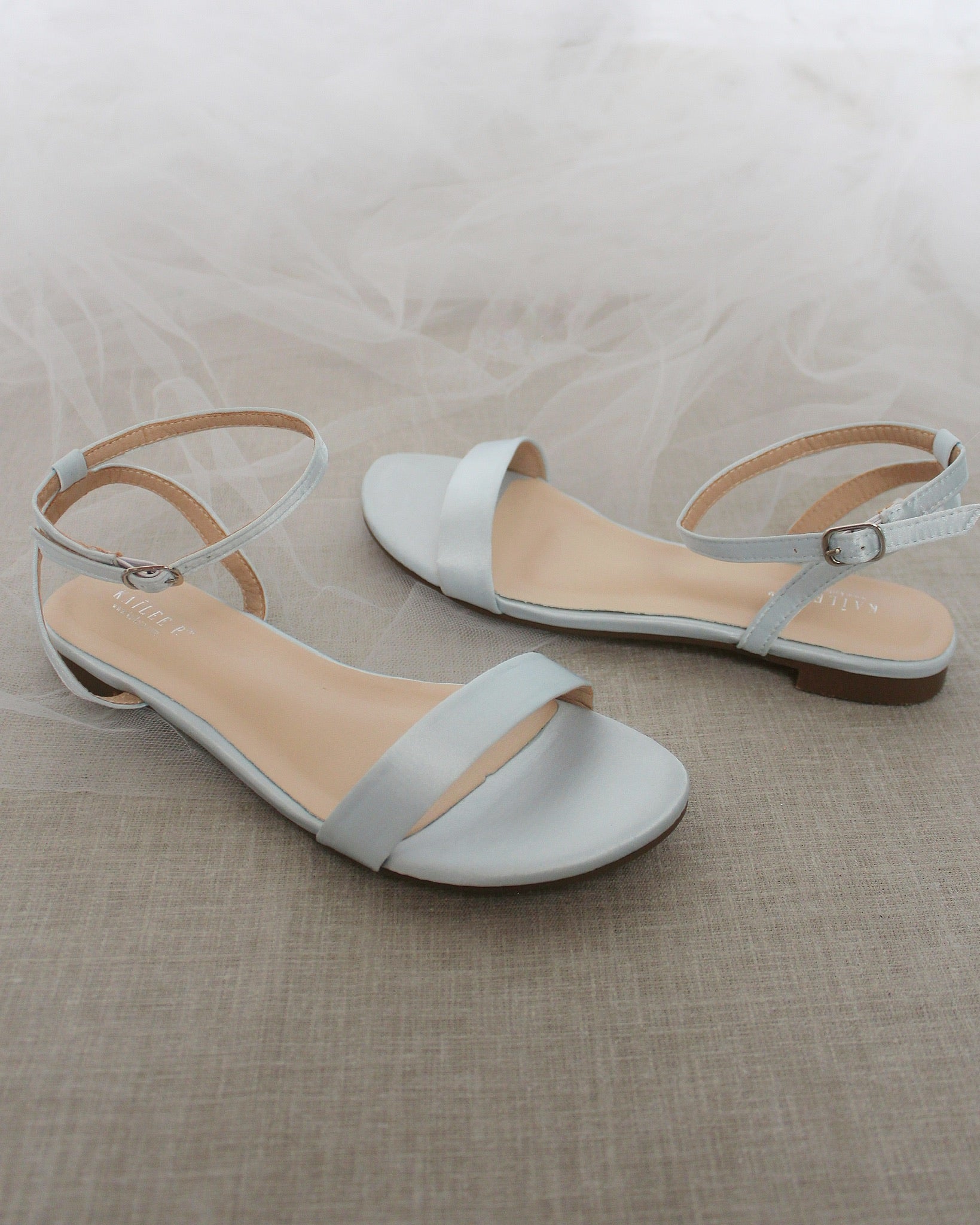 Light Blue Satin Flat Sandal with Ankle Strap Bridesmaid Sandals 11 Women