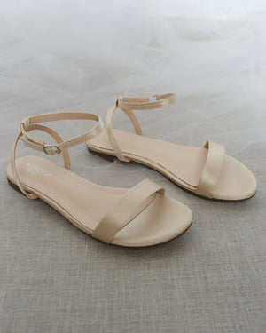 women's flat dress sandals Bebe Millie | Nude | Size 9 Elastic strap for easy slip on and take off Satin Flat Sandal with Ankle