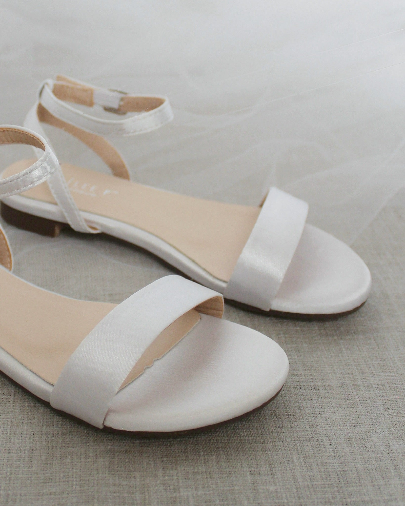 White Satin Flat Sandal with Ankle Strap, Wedding Sandals, Bridal Flat
