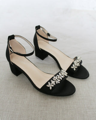 Satin Block Heel Sandals with Floral RhinestonesWomen Shoes