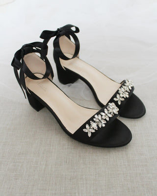 Satin Block Heel Sandals with Floral Rhinestones