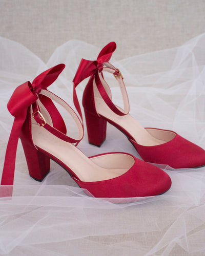 Burgundy Red Satin Heels with Back Bow