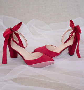 Burgundy Red Satin Heels with Back Bow