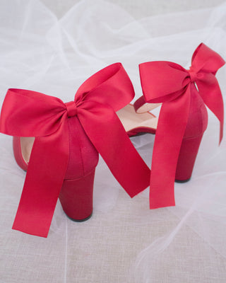 Burgundy Red Satin Heels with Back Bow