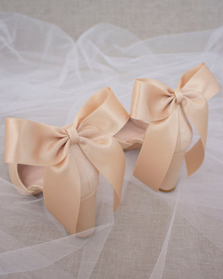 Champagne Satin Block Heels with Back Bow