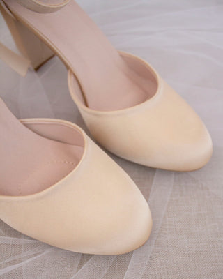 Champagne Satin Block Heels with Back Bow