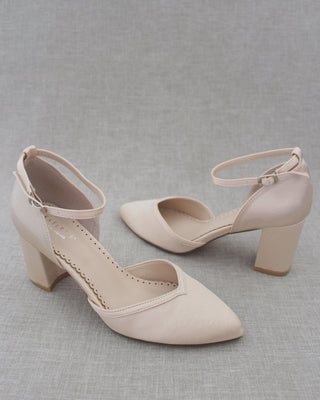 champagne satin block heels