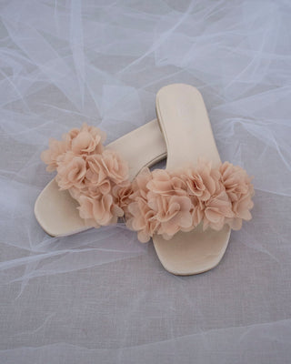 Satin Slide Sandals with Allover Chiffon Flowers