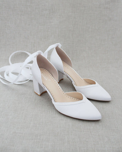 White Satin Block Heels with ballerina laces