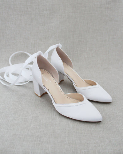 White Satin Block Heels with ballerina laces