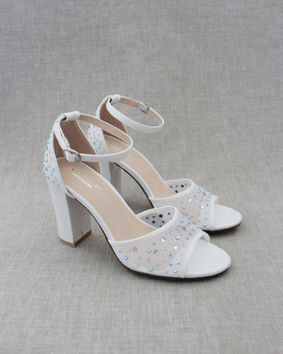 White Rhinestone Block Heel Sandals