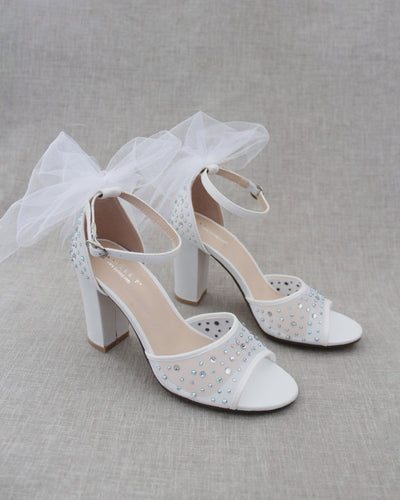 White Rhinestone Block Heels with Tulle Bow