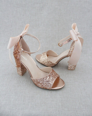rose gold rock glitter wedding block heel with bow
