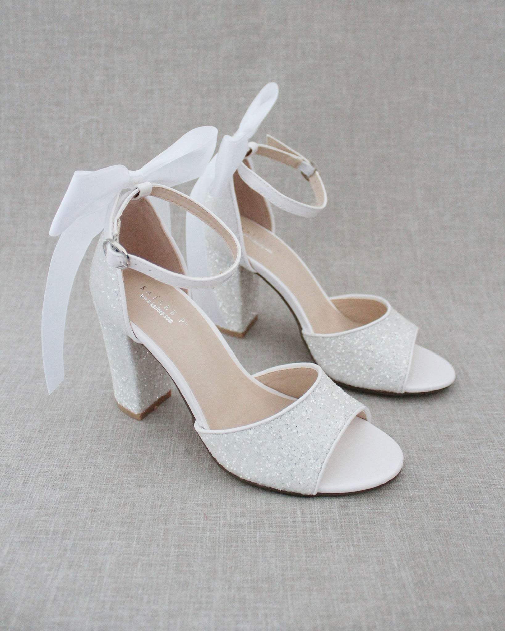 Wedding Sparkly Tall Block Heel with Long Bow Bridal Shoes