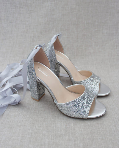 silver rock glitter women block heel